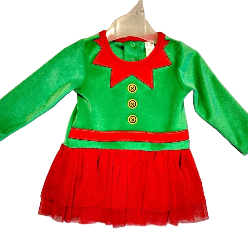 George Infant Green Velvet &  Red Tulle Long Sleeve Holiday Dress 12-18 Mo.